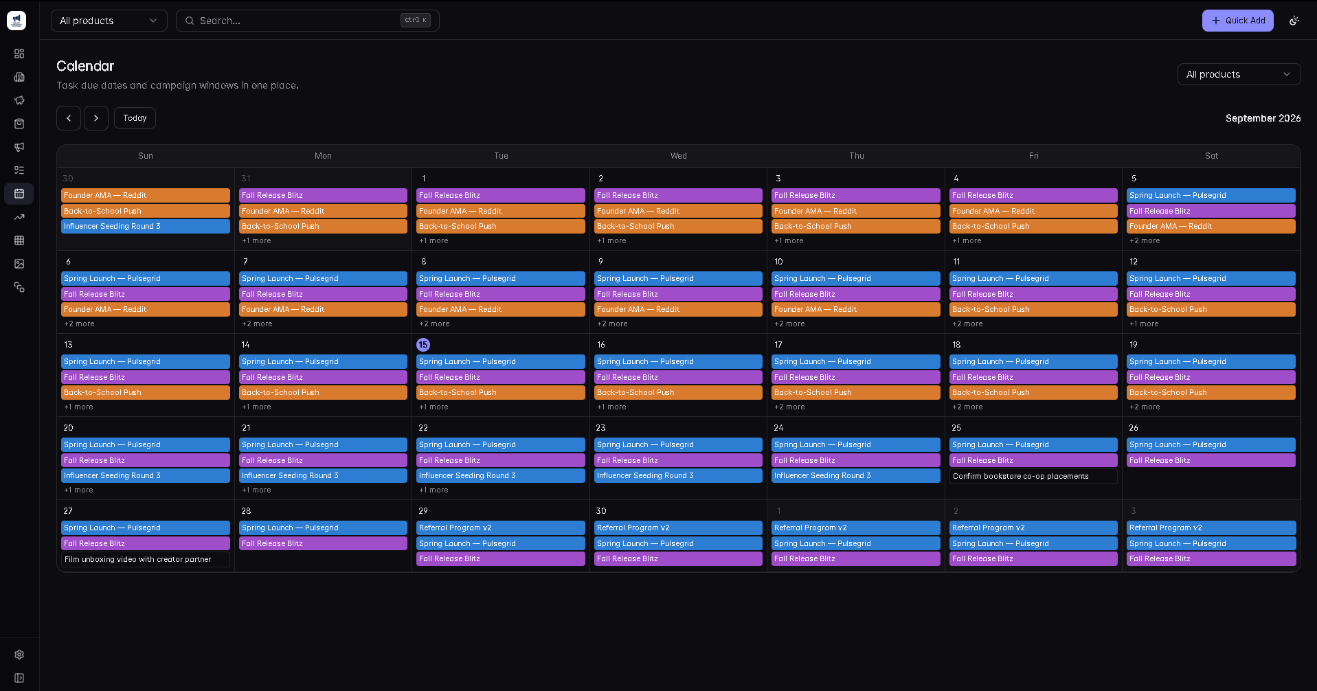 Kaiyo Management's Calendar month view with task due dates and campaign windows